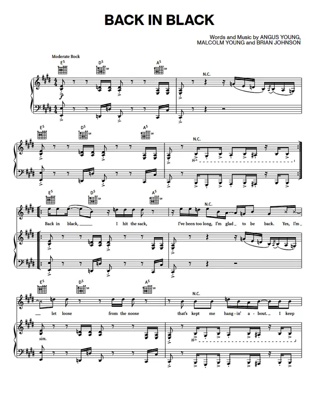 Back In Black Piano Sheet Music Page 1 Free PDF