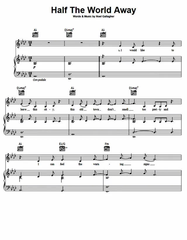 Half The World Away Piano Sheet Music Page 1 Free PDF