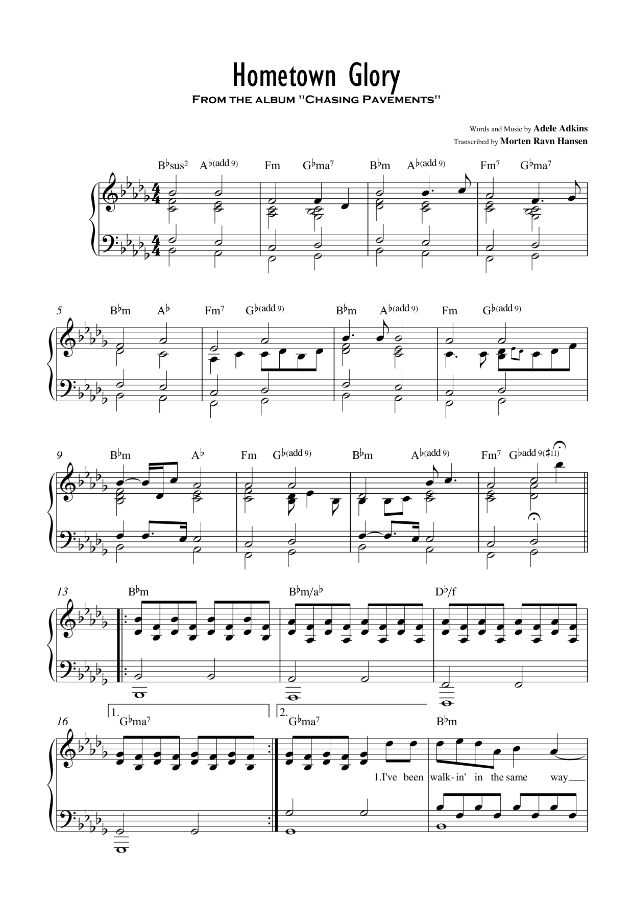 Hometown Glory Piano Sheet Music Page 1 Free PDF